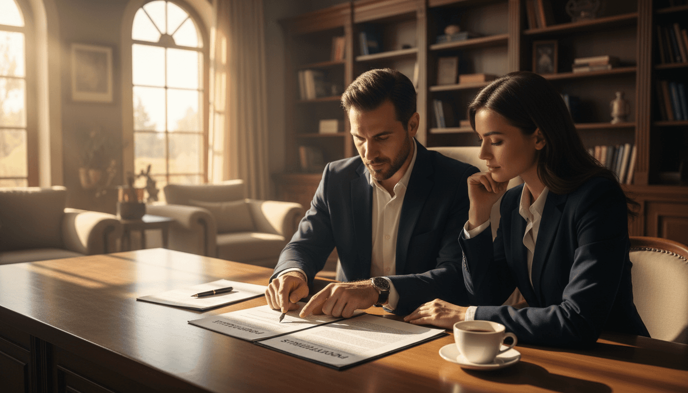 Real estate professional and client reviewing property documents during consultation