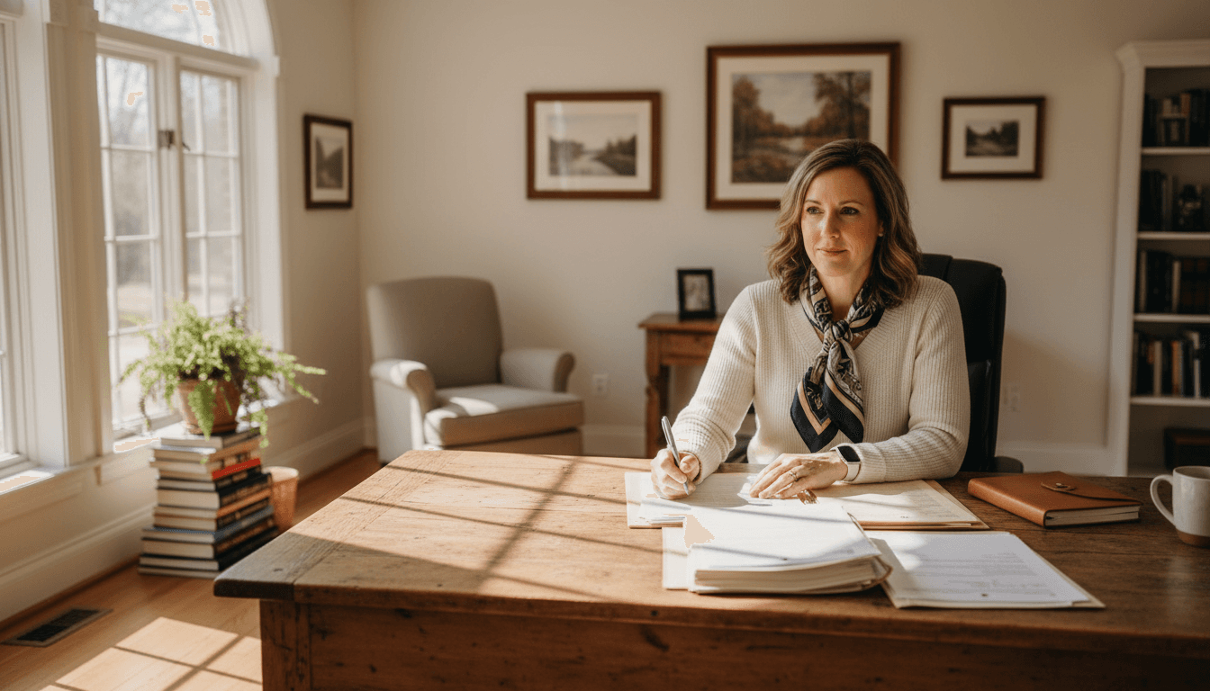 Real estate consultant reviewing estate documents at desk