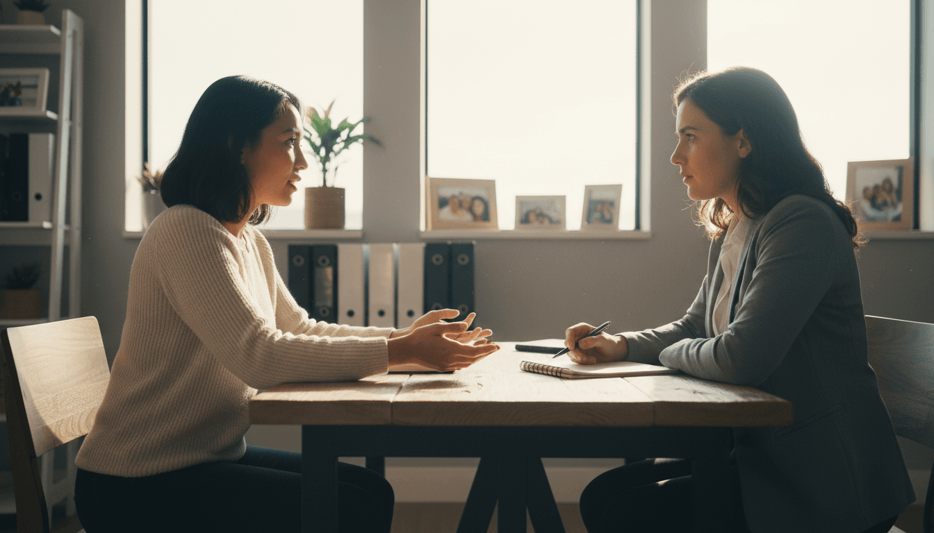 Two people in a genuine consultation meeting, one explaining probate real estate options while the other listens attentively