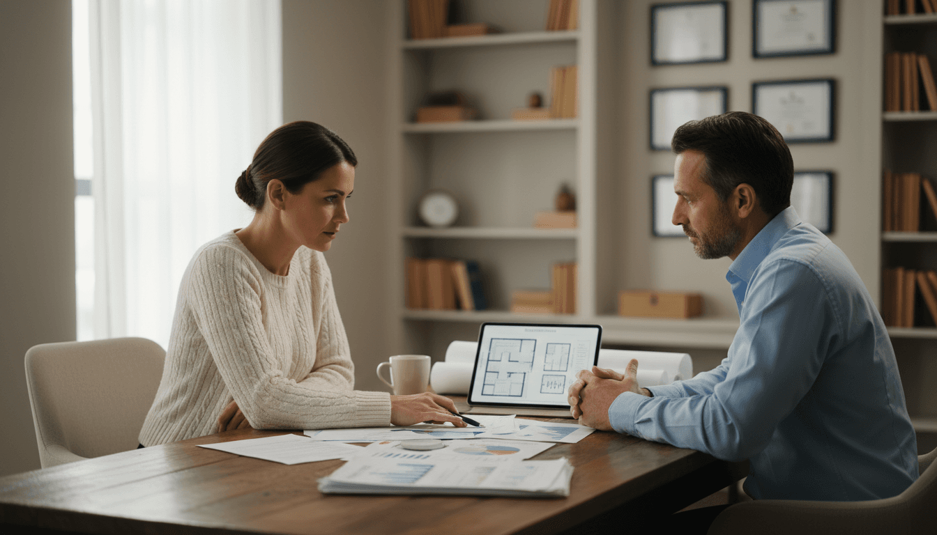 Real estate consultant reviewing probate property documents with client during consultation