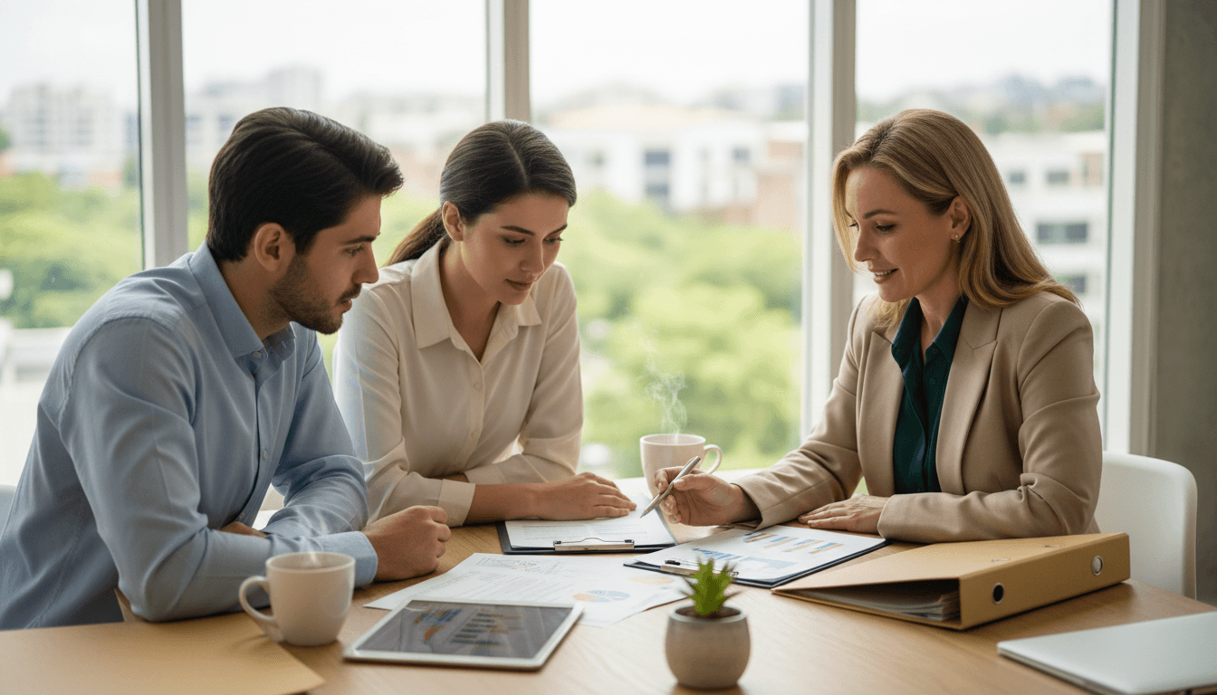 Financial advisor discussing insurance policies with young couple at wooden desk in bright modern office