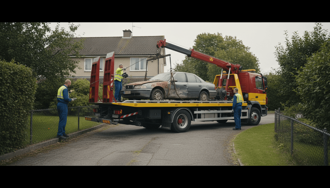Professional tow truck crew loading deteriorated sedan onto flatbed from residential driveway during daytime collection