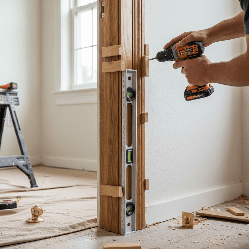 Tradesperson expertly installing wooden interior door frame with level and shims in residential space