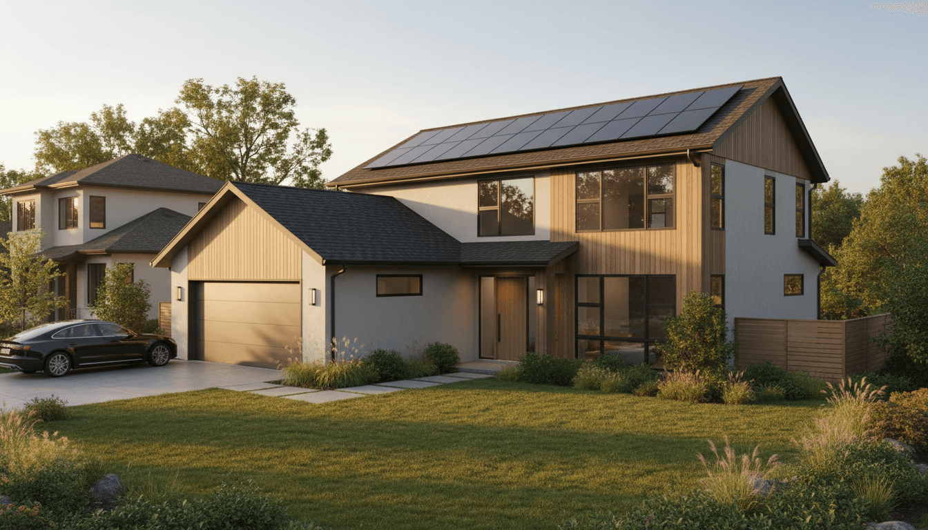 Residential home with installed solar panels on rooftop, photographed from street in warm golden hour light