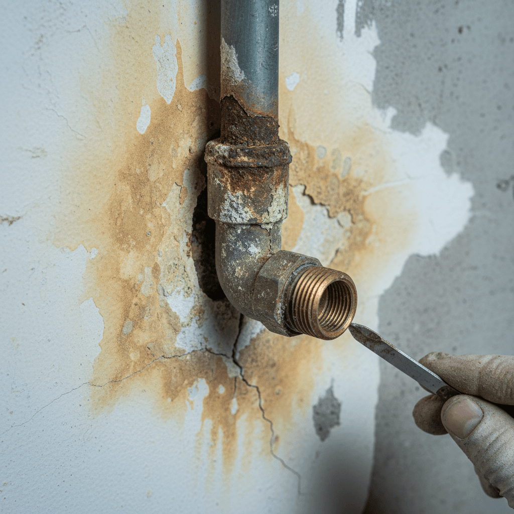 Extreme close-up of corroded pipe joint showing mineral buildup and water damage on residential wall surface