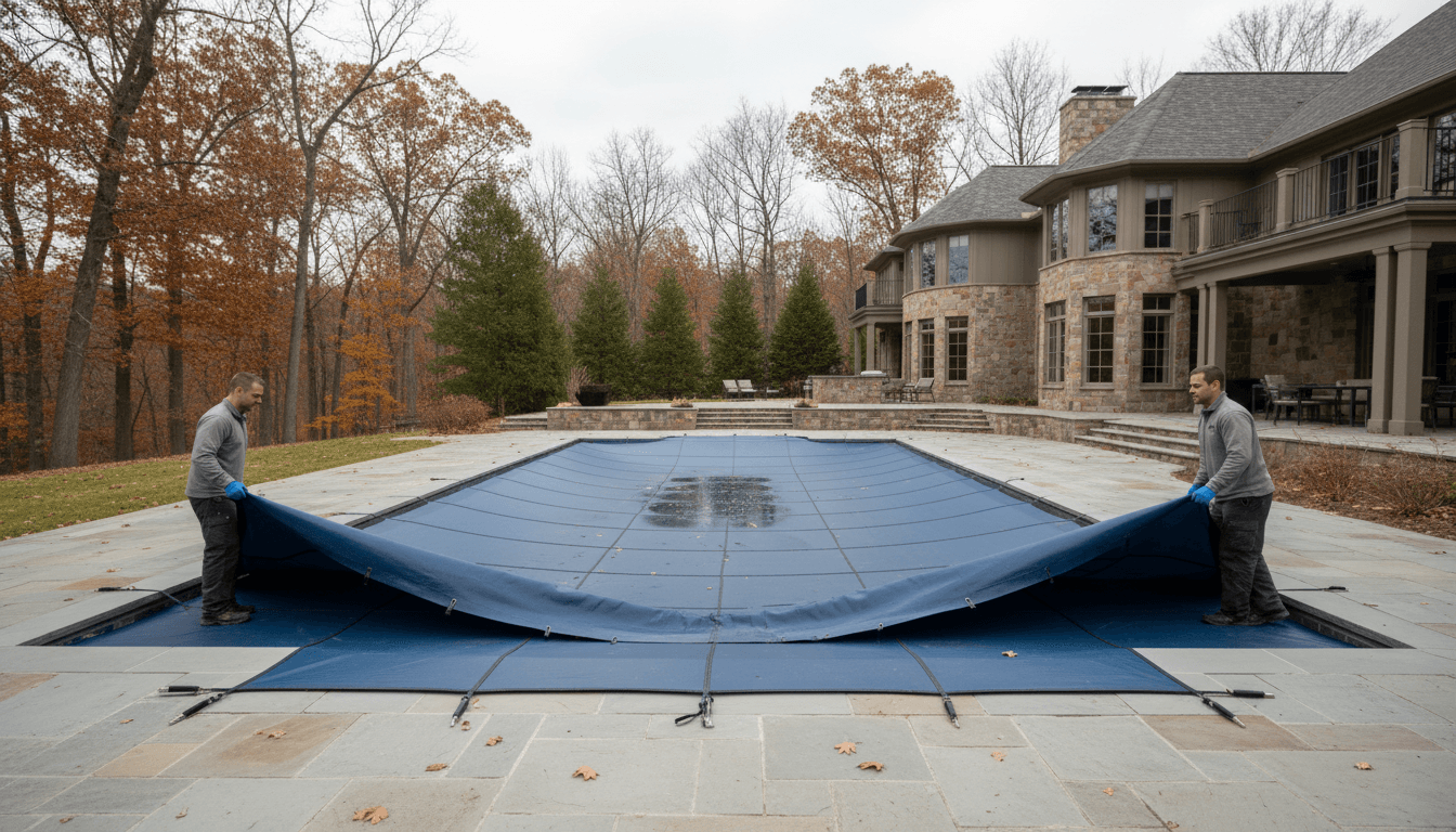 Technician installing protective cover on residential pool for seasonal winterization and protection