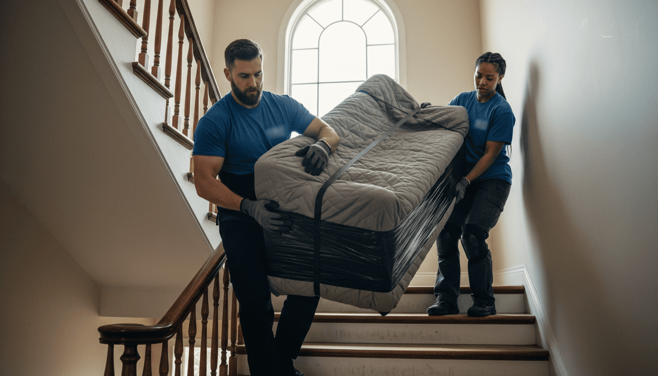 Two professional movers carefully carrying wrapped sofa up residential staircase